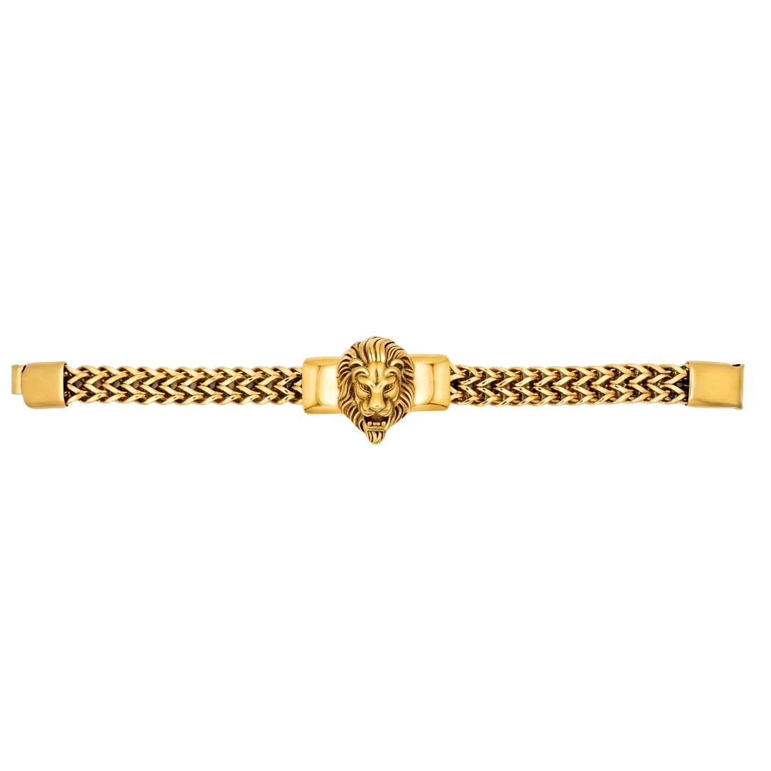 18K Gold Plated Stainless Steel Lion Head Franco Link Bracelet – Sculpted 3D Lion Centerpiece Mesh Link Bracelet for Men & Women